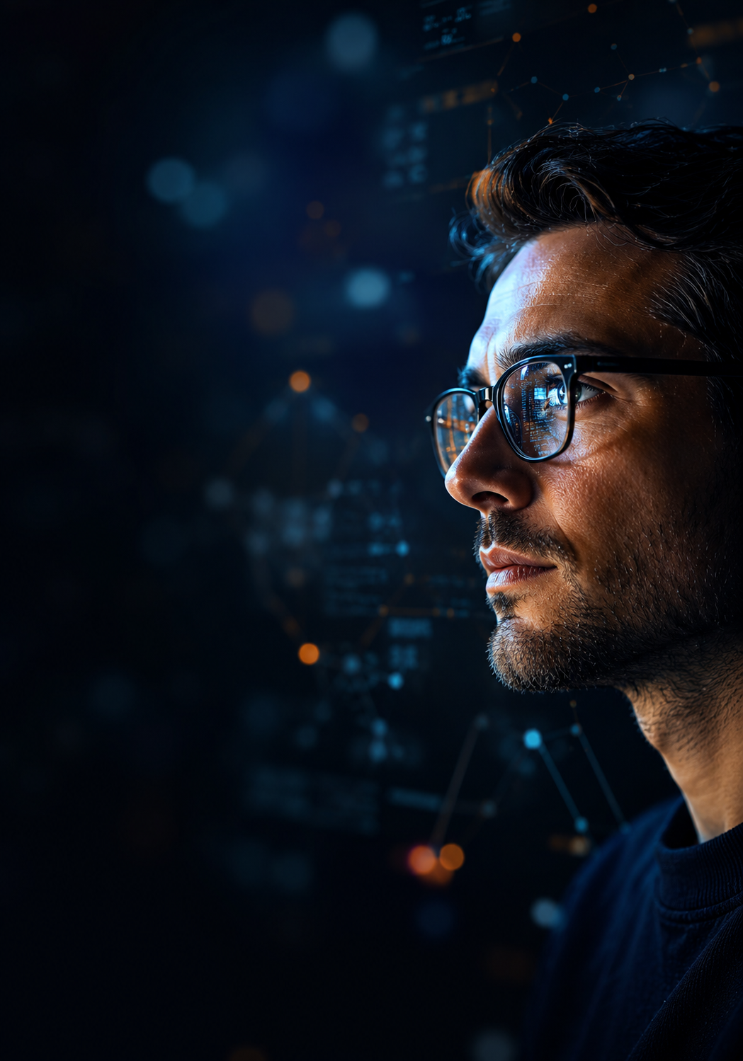 A founder picturing the venture ahead, lit by the data behind the build.