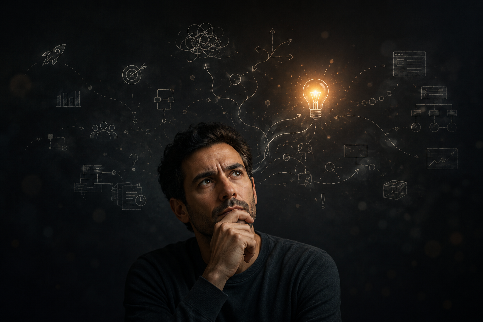 A founder weighing the chaos of building - the rocket, the metrics, the roadmap, the risk - under a single lit idea.